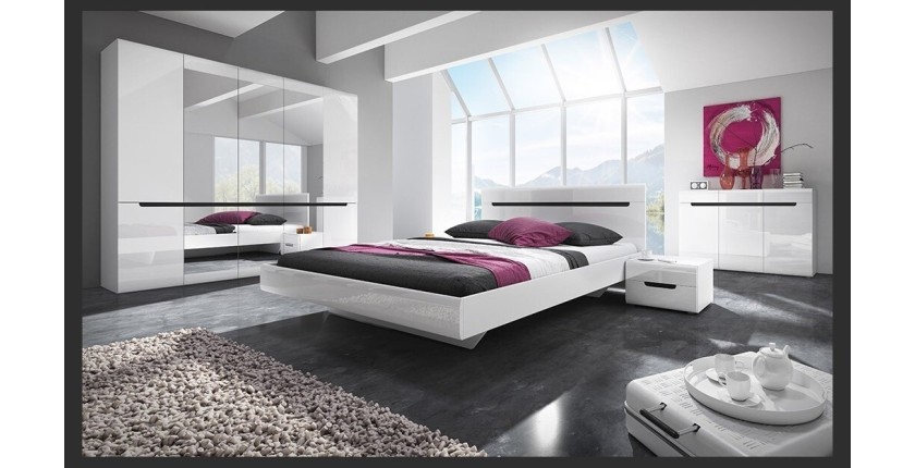 Chambre à coucher LUCIA : Armoire 4 portes + Lit 160x200 + 2 Chevets. Couleur blanc, style design