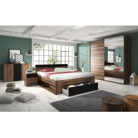 Chambre à coucher EOS : Armoire, Lit 180x200, commode, chevets. Couleur chêne foncé et noir