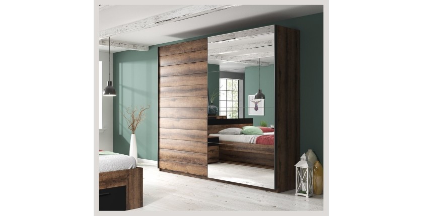Chambre à coucher EOS : Armoire 2 mètres, Lit 180x200, commode, chevets. Couleur chêne foncé et noir