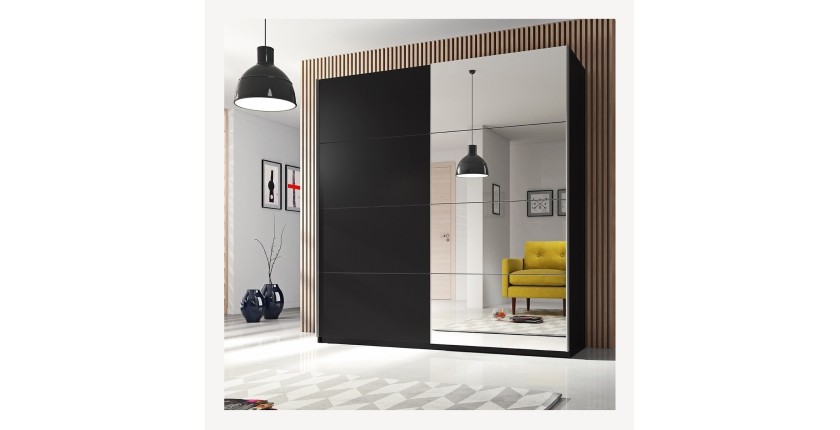 Armoire design 2 mètres. 2 portes avec miroirs modulables. Couleur noir mat. Collection EOS