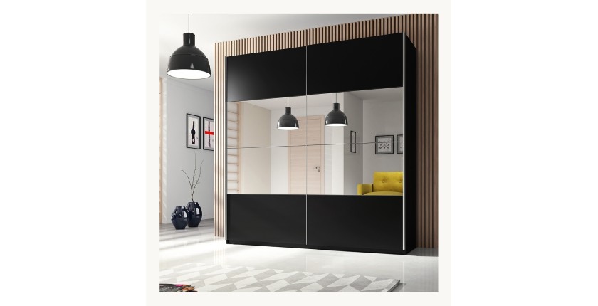 Armoire design 2 mètres. 2 portes avec miroirs modulables. Couleur noir mat. Collection EOS