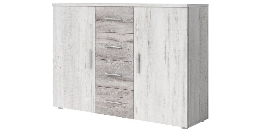 Commode 2 portes et 4 tiroirs 130cm. Collection IRINA imitation bois gris clair et gris foncé.