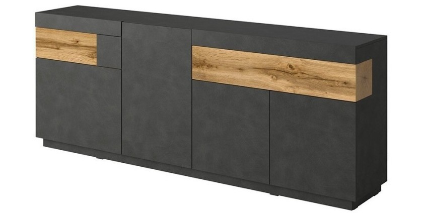 Buffet, bahut, enfilade KILES trois portes, deux tiroirs. Coloris gris anthracite et chêne. Style design.