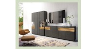 Buffet, bahut, enfilade KILES trois portes, deux tiroirs. Coloris gris anthracite et chêne. Style design.