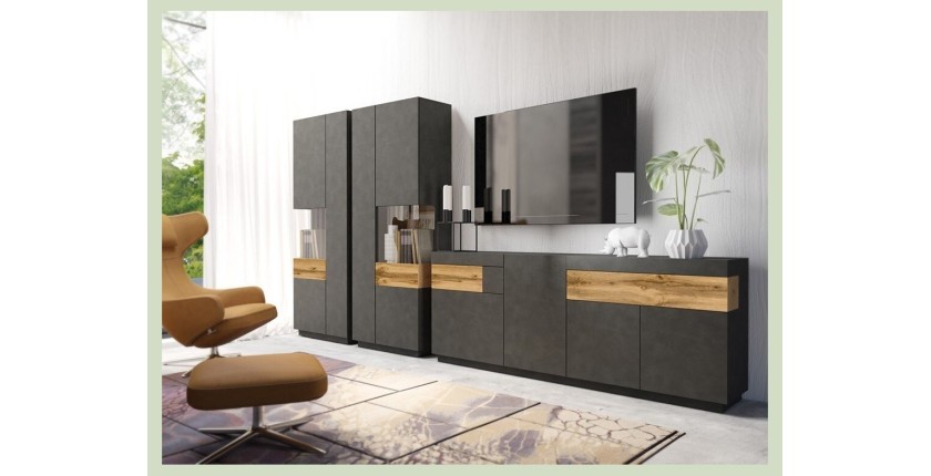 Buffet, bahut, enfilade KILES trois portes, deux tiroirs. Coloris gris anthracite et chêne. Style design.