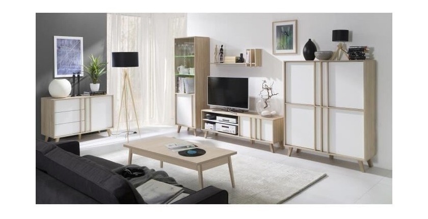 Ensemble de meubles style Scandinave pour votre salon coloris chêne clair et blanc. Collection MALMO