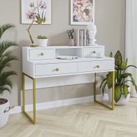 Bureau console avec 4 tiroirs collection DOUGLAS coloris blanc et doré