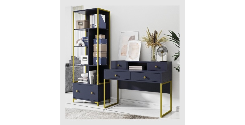 Bureau console avec 4 tiroirs collection DOUGLAS coloris bleu et doré