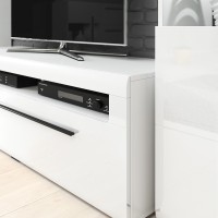 Meuble TV 140cm collection BREDA. Coloris blanc mat et blanc brillant. Style design.