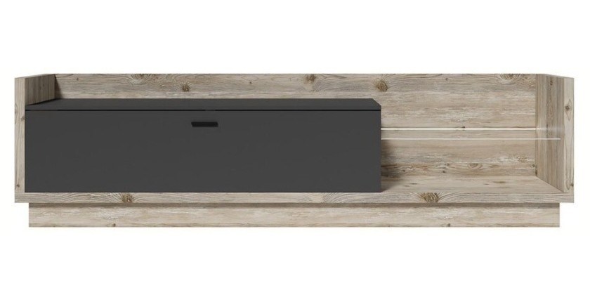 Meuble TV XL 220cm avec LED intégrée. Collection CORK. Coloris Pin et gris anthracite.