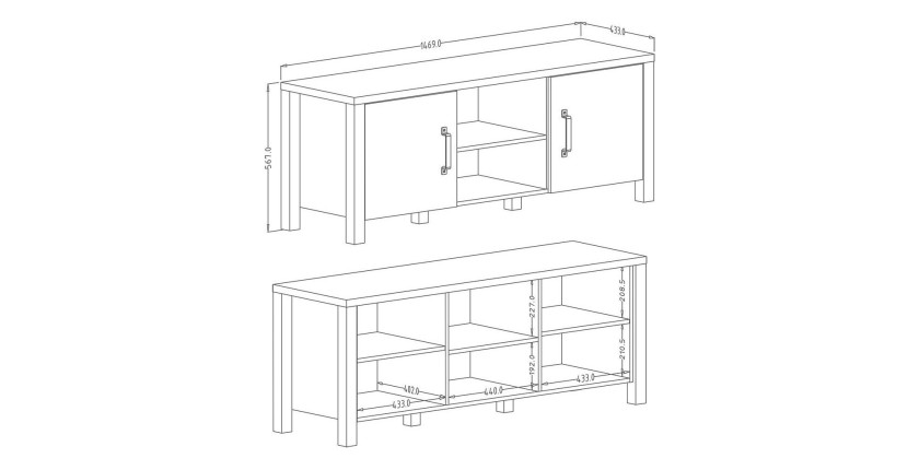 Meuble TV 150cm collection DARWIN. Couleur épicéa et noir. 2 portes et 2 niches