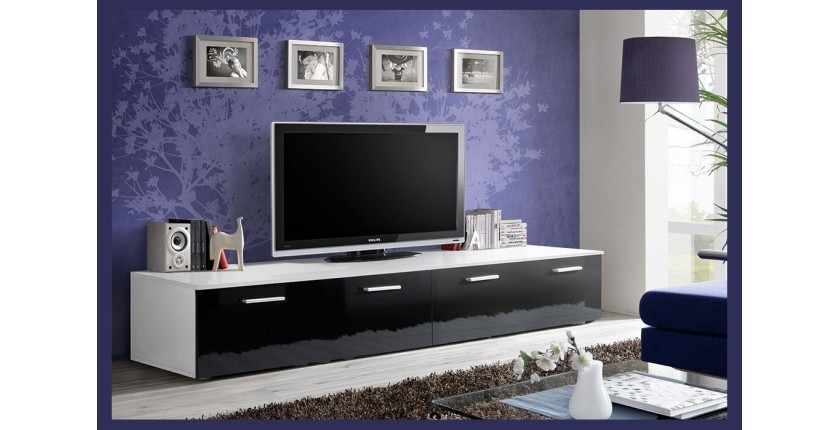 Meuble TV 200cm Collection COMET. Couleur blanc et noir. 2 portes abattantes.