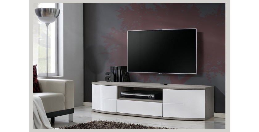 Meuble TV 150cm Collection NOUK. Couleur blanc. 2 portes, 1 tiroir et 1 niche.