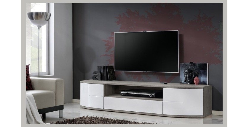 Meuble TV XL 190cm Collection NOUK. Couleur blanc. 2 portes, 1 tiroir et 1 niche.