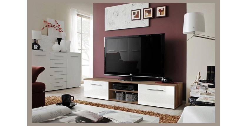 Meuble TV design collection BONOO 180 cm. Coloris chêne et blanc.