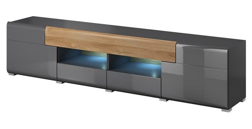 Meuble TV 210cm collection OHIO avec LED intégrée. Coloris gris anthracite et chêne.