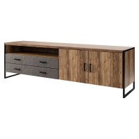 Meuble TV 200cm style industriel avec LED intégrées. Collection ZOLA. Coloris épicéa et gris