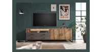 Meuble TV 200cm style industriel avec LED intégrées. Collection ZOLA. Coloris épicéa et gris