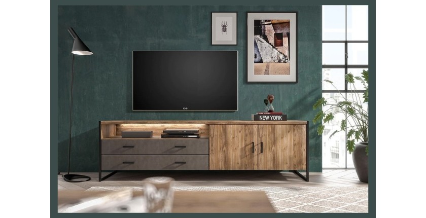 Meuble TV 200cm style industriel avec LED intégrées. Collection ZOLA. Coloris épicéa et gris