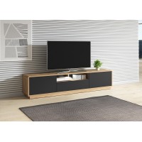 Meuble TV 200cm collection VILLA. Couleur chêne et noir mat. LED intégrée