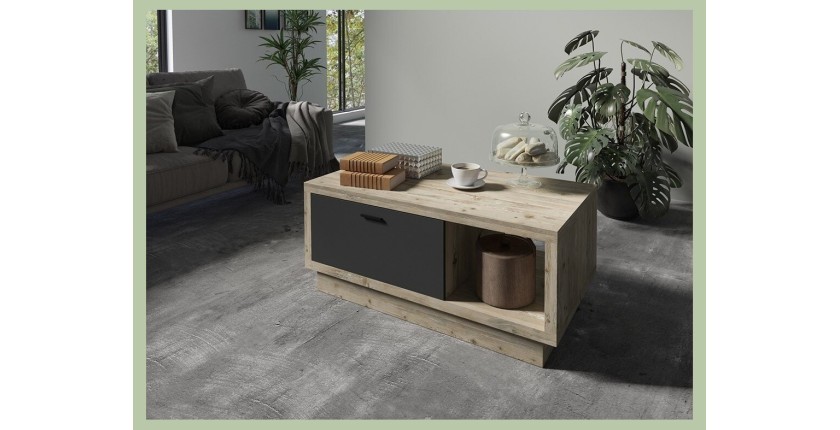 Table basse design collection CORK avec tiroir et niche. Aspect bois et gris.