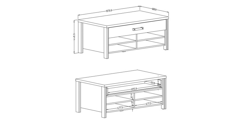 Table basse design collection WINDSOR avec tiroir et niches. Coloris gris anthracite et chêne foncé.
