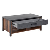 Table basse design collection WINDSOR avec tiroir et niches. Coloris gris anthracite et chêne foncé.