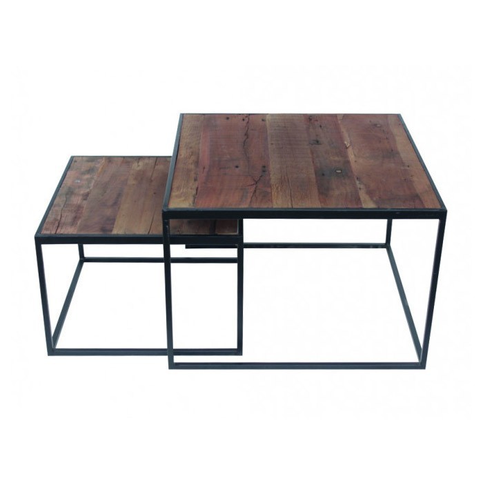 Table basse gigogne carrée en bois massif collection QUEEN. Meuble style industriel