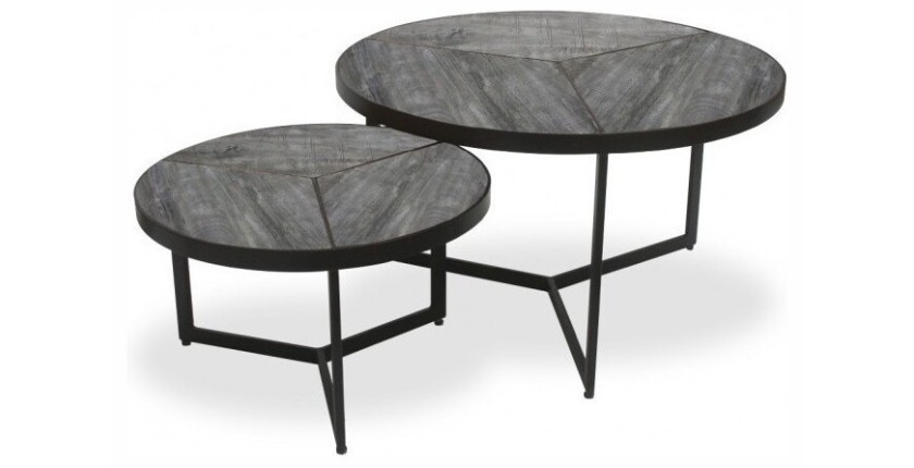 Table basse gigogne ronde en bois massif exotique. finition grise sablée collection LAVE.