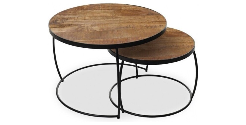Table basse gigogne ronde en bois massif exotique collection LARSON. Meuble style industriel