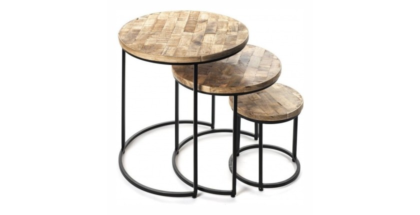 Table d'appoint gigogne ronde en bois massif collection OIKOS. Meuble style industriel