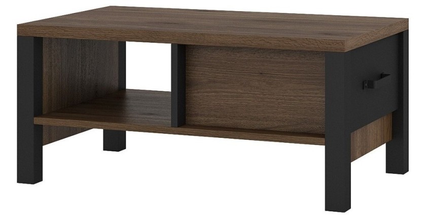 Table basse design collection DARWIN avec un tiroir et une niche. Couleur chêne foncé et noir.