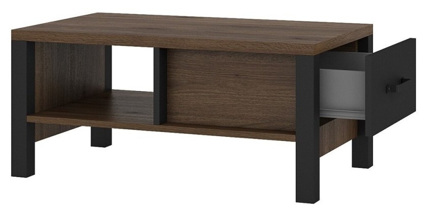 Table basse design collection DARWIN avec un tiroir et une niche. Couleur chêne foncé et noir.