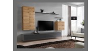Ensemble meuble salon SWITCH II design, coloris chêne Wotan et gris brillant.