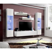 Meuble TV FLY A3 design, coloris blanc brillant + LED. Meuble suspendu moderne et tendance pour votre salon