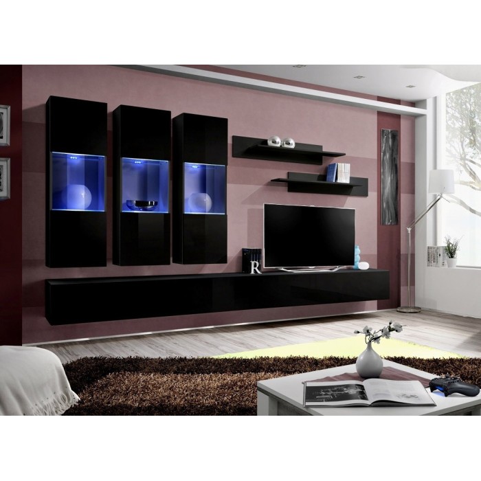 Meuble TV FLY E3 design, coloris noir brillant. Meuble suspendu moderne et tendance pour votre salon.