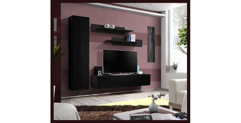 Meuble TV FLY G1 design, coloris noir brillant. Meuble suspendu moderne et tendance pour votre salon.