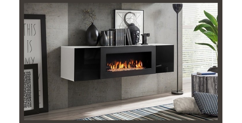 Ensemble de meubles suspendus avec cheminée décorative collection FLY M1. Coloris blanc et noir.