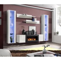 Ensemble de meubles suspendus avec cheminée décorative collection FLY M2. Coloris blanc.