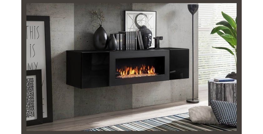 Ensemble de meubles suspendus avec cheminée décorative collection FLY M3. Coloris noir.