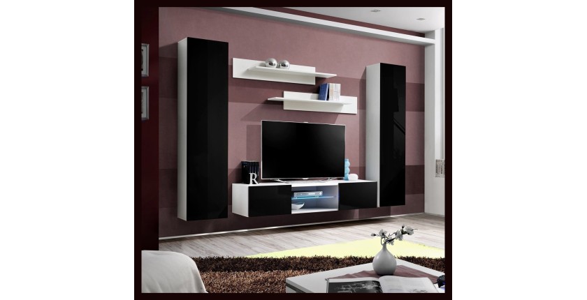 Ensemble Meuble TV FLY O1 avec LED. Coloris blanc et noir. Meuble suspendu design pour votre salon.