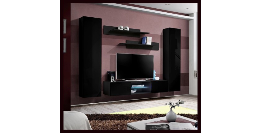 Ensemble Meuble TV FLY O1 avec LED. Coloris noir. Meuble suspendu design pour votre salon.