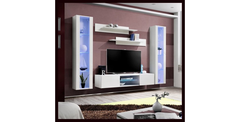 Ensemble Meuble TV FLY O2 avec LED. Coloris blanc. Meuble suspendu design pour votre salon.