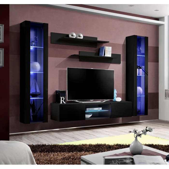 Ensemble Meuble TV FLY O2 avec LED. Coloris noir. Meuble suspendu design pour votre salon.