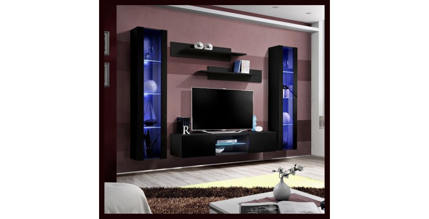 Ensemble Meuble TV FLY O2 avec LED. Coloris noir. Meuble suspendu design pour votre salon.