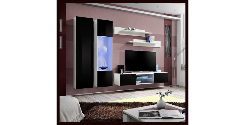 Ensemble Meuble TV FLY O5 avec LED. Coloris blanc et noir. Meuble suspendu design pour votre salon.