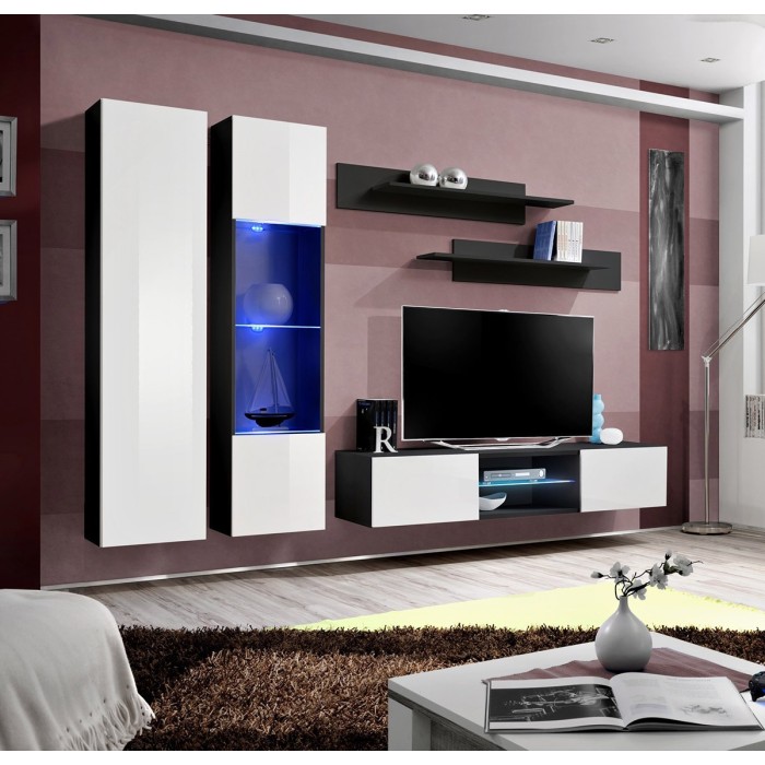 Ensemble Meuble TV FLY O5 avec LED. Coloris noir et blanc. Meuble suspendu design pour votre salon.