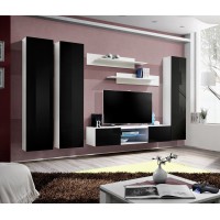 Ensemble Meuble TV FLY P1 avec LED. Coloris blanc et noir. Meubles suspendus design pour votre salon.