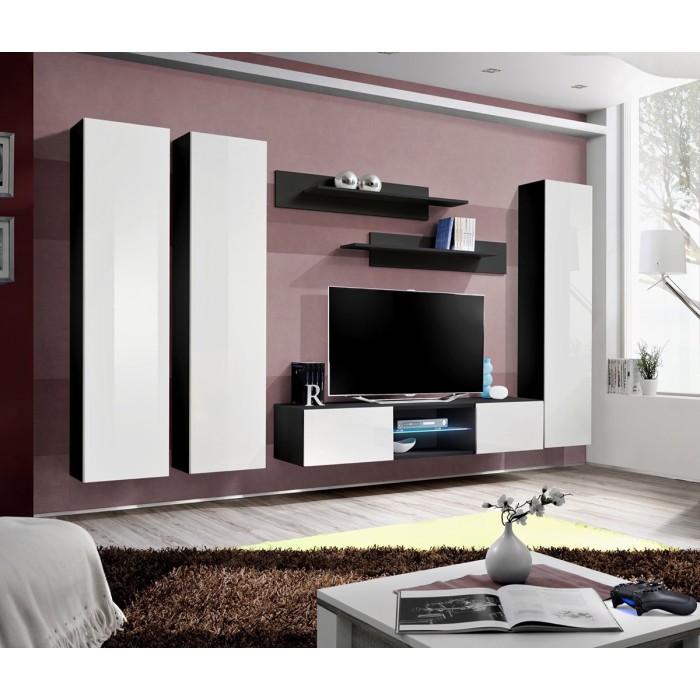 Ensemble Meuble TV FLY P1 avec LED. Coloris noir et blanc. Meubles suspendus design pour votre salon.