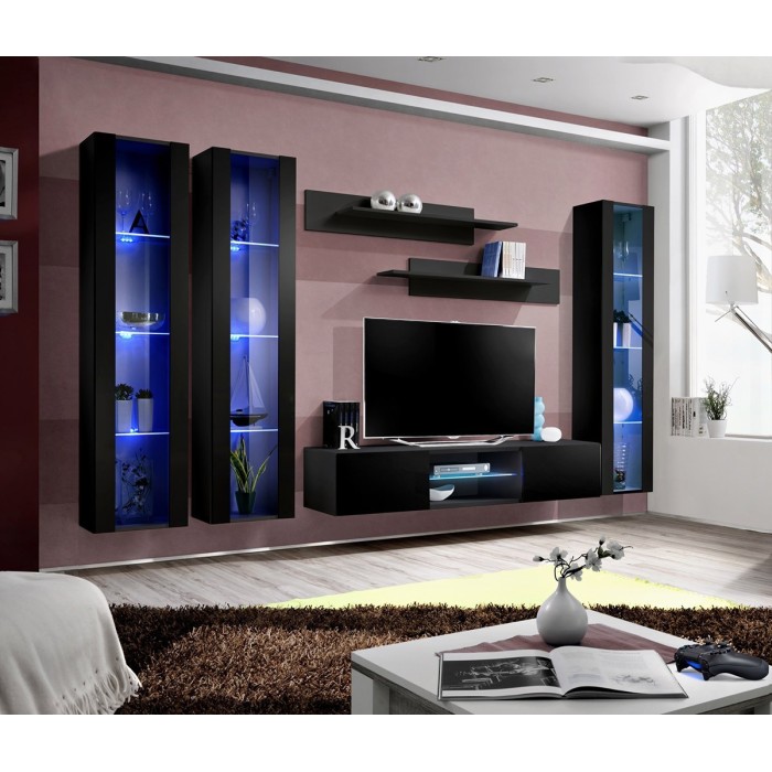 Ensemble Meuble TV FLY P2 avec LED. Coloris noir. Meubles suspendus design pour votre salon.